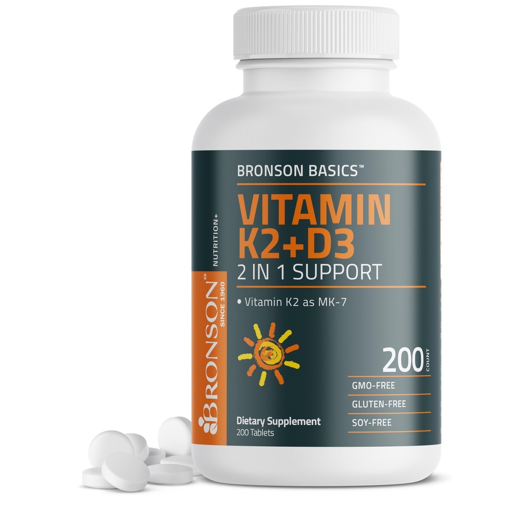 Bronson Vitamin K2 D3 (MK7) Ergänzung Non-GMO Formel Vitamin D3 5000IU (125 mcg) & 90 mcg K2 MK-7, einfach zu schlucken D & K Complex, 200 Tabletten