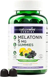NatureWise Melatonin Gummies 5mg - Supplément de soutien de sommeil non-habitant avec Ashwagandha, racine valériane - BlackBerry-Lemon Flavor - Vegan, sans gluten, non-OGM - 90 comtes[45 jours]