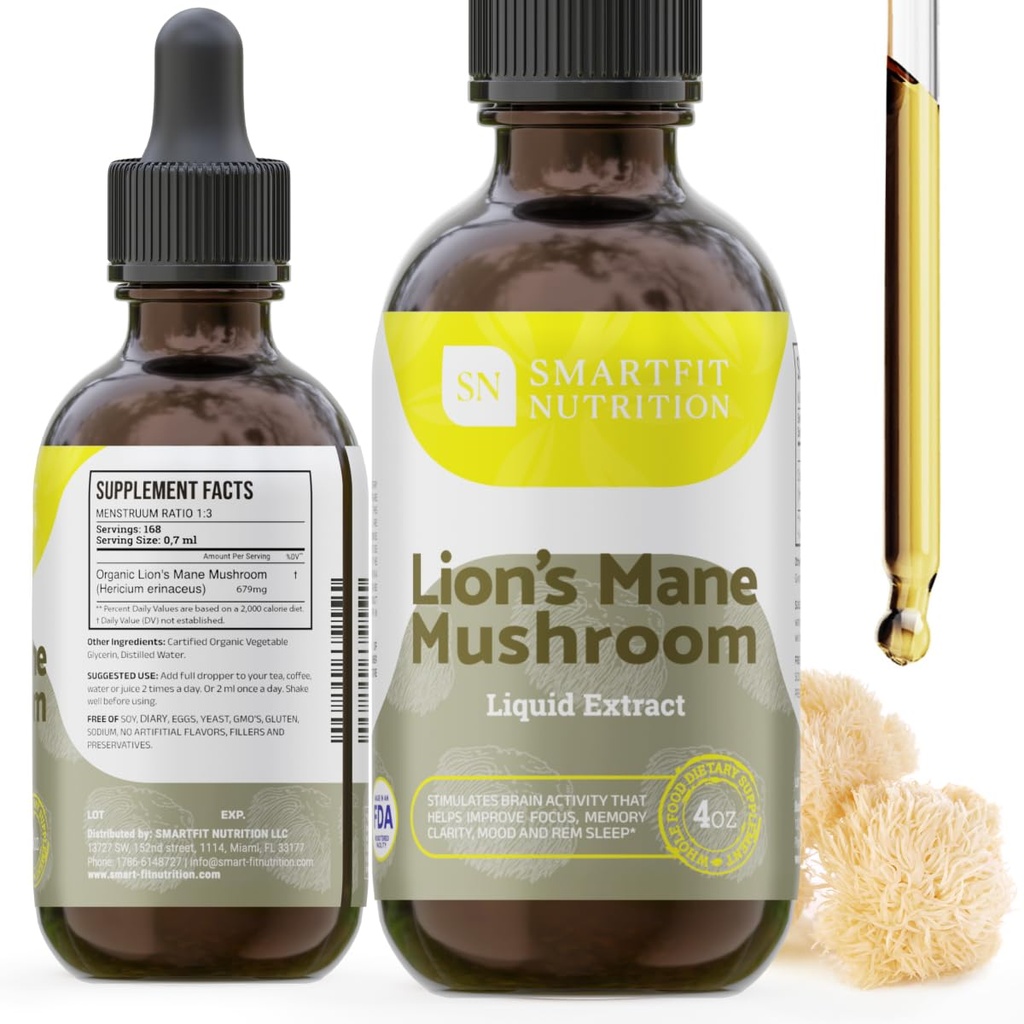 Extrait de la Mane de Lions - Teinture de la Mane de Lions - Fabriqué aux États-Unis - Supplément de Champignon pour la Mémoire, Focus & Clarity - Supplément de Champignon quotidien - 4 Fl oz.