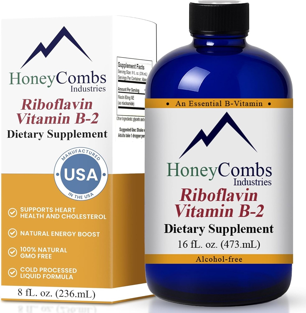HoneyCombs Vitamin B2 Riboflavin Ergänzung Flüssigkeitstropfen - Hohe Potenz Vitamin B2 für Männer und Frauen - Pflege gesunde Verdauung, Nervensystem, Haar, Haut, Nägel - Vegan flüssige Vitamine (16 Fl oz)