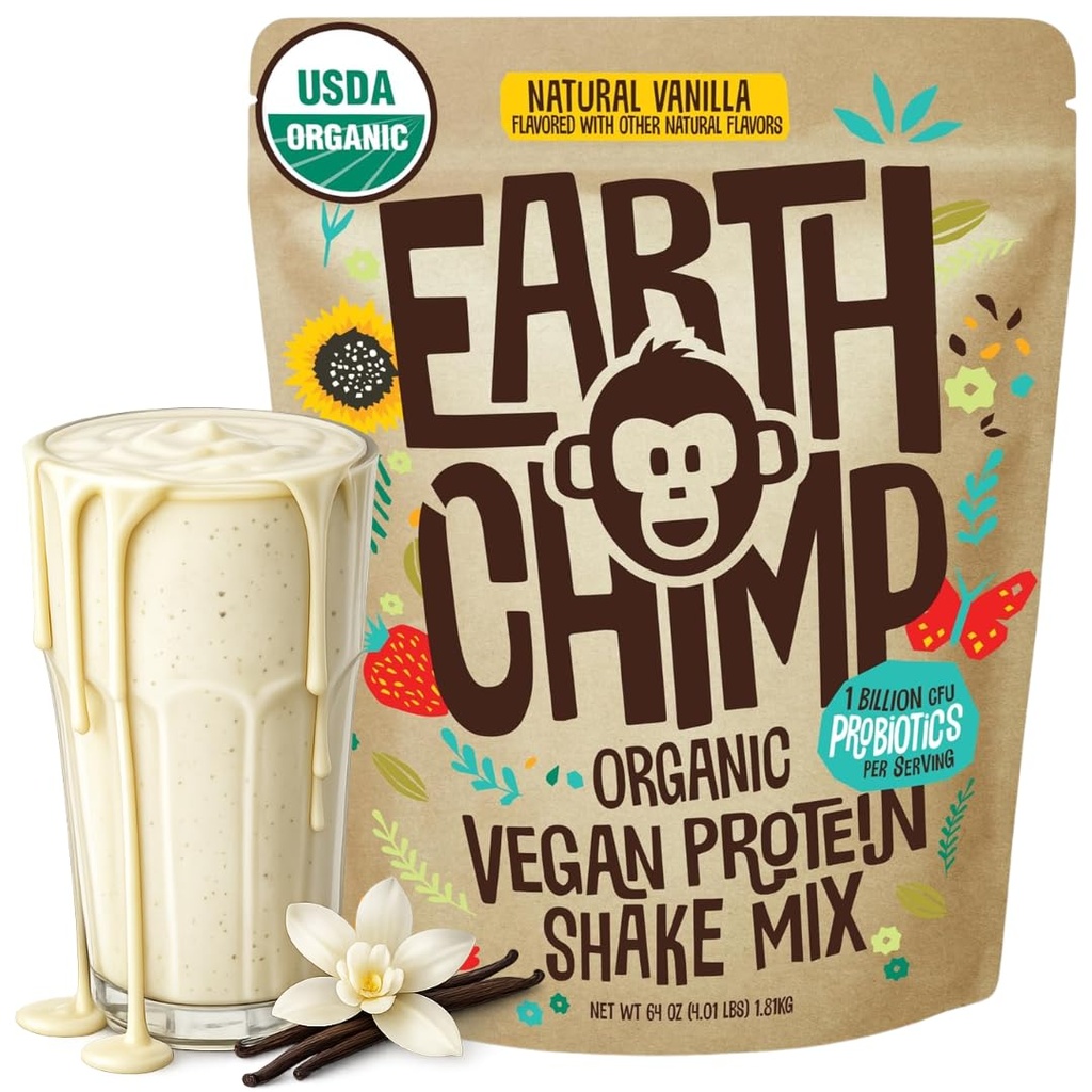 EarthChimp Organic Vegan Protein Powder - mit Probiotics - Non GMO, Dairy Free, Non Whey, Pflanzenbasiertes Proteinpulver für Frauen und Männer, Glutenfrei - 52 Servierungen 64 Oz (Vanilla)