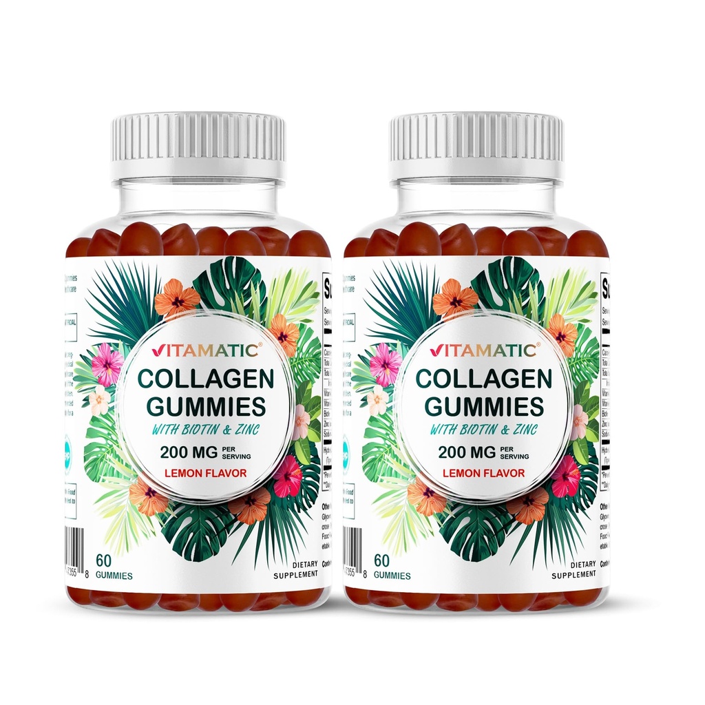 Vitamatic 2 Packs Gommies de collagène hydrolysées avec vitamine C, zinc et biotine, 200 mg - 60 Gommies (Total 120 Nombre)