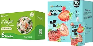 Hethstia Konjac Jelly Fraise Flavor Collagen Peptides 10 Packs et Konjac Spaghetti Sans gluten 12 Packs, faible teneur en calories, sans sucre, kéto, aliments sains