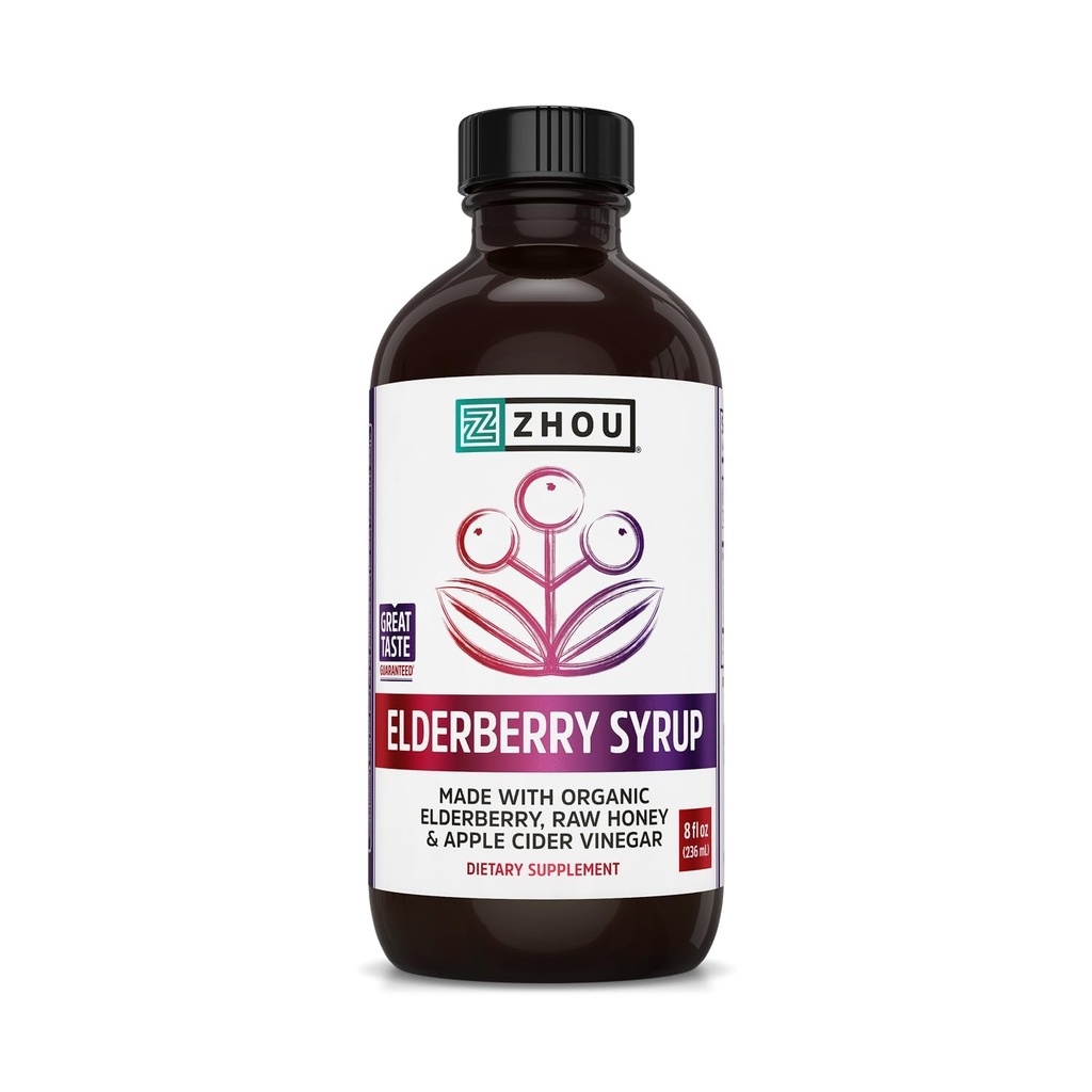 Zhou Nutrition Elder-Mune+ Syrup - Organic Black Elderbery Syrup für Erwachsene, Immununterstützung Elixir mit Apfelessig, Echinacea Tincture, Natural Wellness - 8 Fl Oz Glasflasche