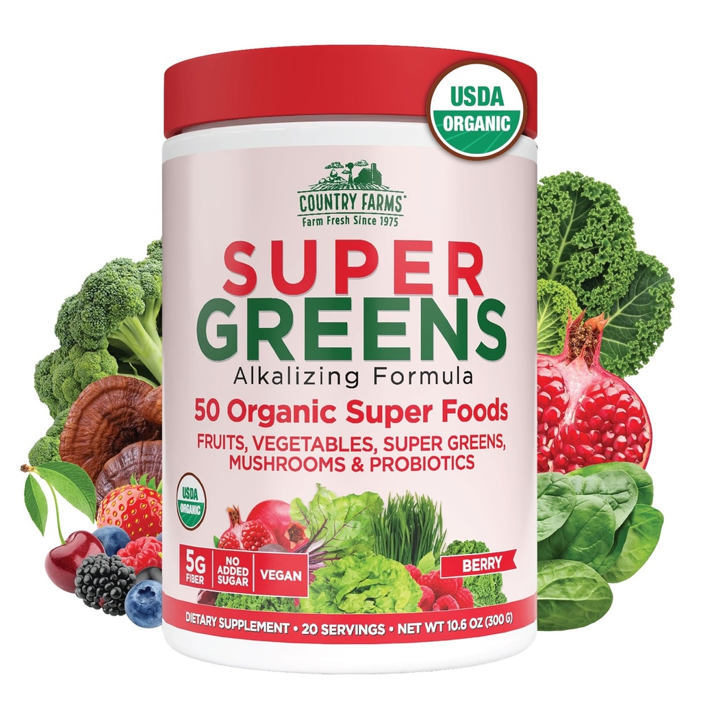 Farms de campagne Bio Super Greens Saveur de baies, 50 Super aliments biologiques, emballés avec fibre, USDA Mélange de boisson biologique, Fruits, Légumes, Champignons et Probiotiques, Supports Énergie, 5g Fibre