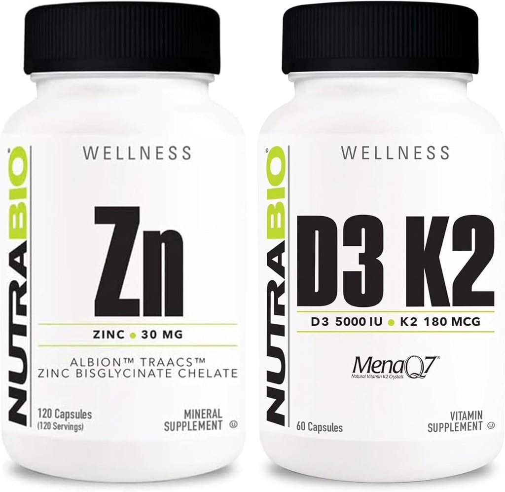 NutraBio chélate de zinc et supplément minéral de vitamine D3 K2 – peut aider à la croissance, le développement, le système immunitaire, et la santé des os et du coeur
