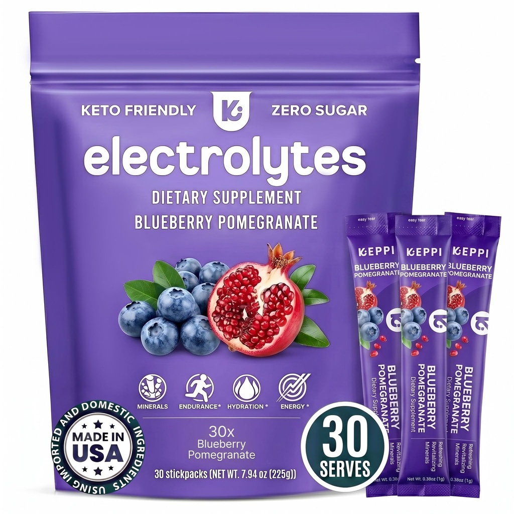 Keppi Electrolytes Powder Packets – Blueberry grenade 30 portions – Pas de supplément d'hydratation de sucre avec du potassium, du magnésium, du sodium – Keto, végétalien, à jeun-friendly, Zero Calorie Packs d'hydratation