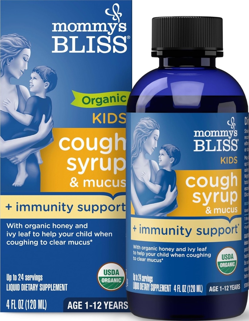 Mami's Bliss Organic Kids Cough Syrup und Mucus Relief + Immunität Unterstützung, Agave & Honey, Ivy Leaf, Elderberry, Zink, Vitamin C, 4 Fl Oz