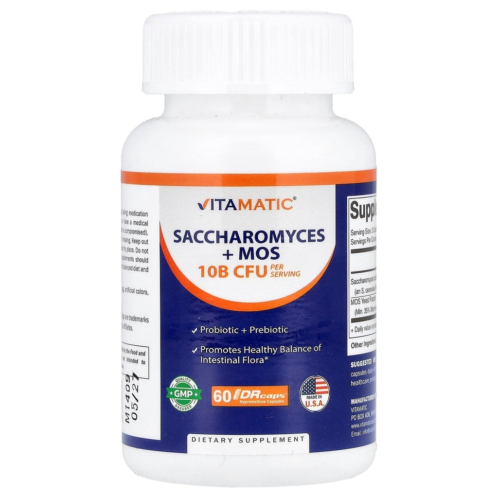 Vitamatic Saccharomyces Boulardii Probiotic 10B per Serving + Estratto di lievito (MOS Yeast Fraction) 300 mg - 60 capsule DR - Made in the USA