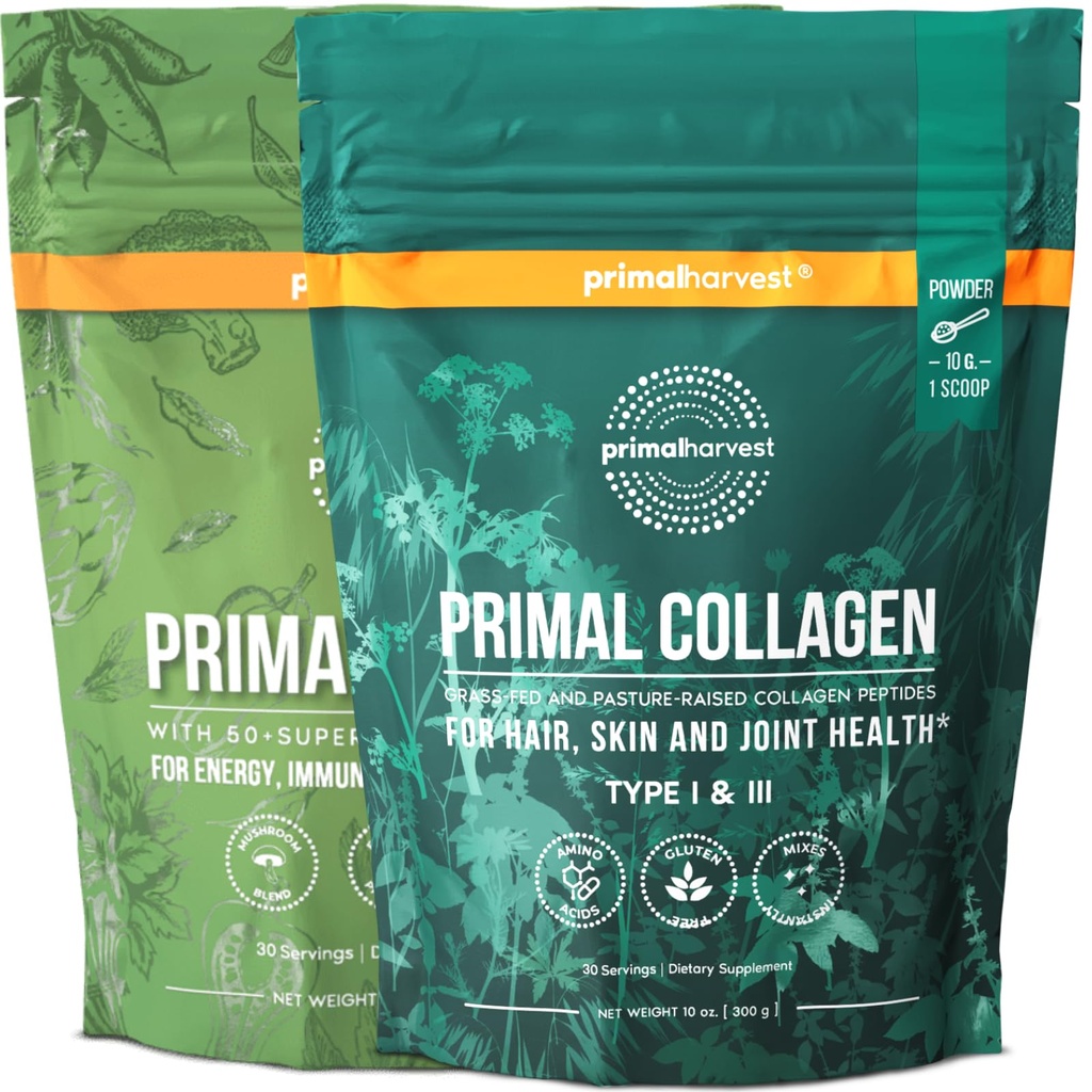 Super Greens Raccolto Primal & Collagen Powder Integratori per Donne e Uomini Superfood Greens Polvere e Collagen Peptides Polvere per capelli, pelle e chiodi Bundle