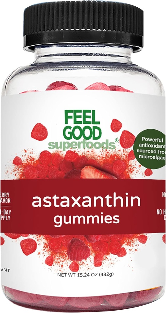 FeelGood Superfoods Astaxanthin Supplements, 6mg Antioxidantien-Gummien für Haut und Augengesundheit, Berry Flavor, Vegan, Non-GMO, 60 Count