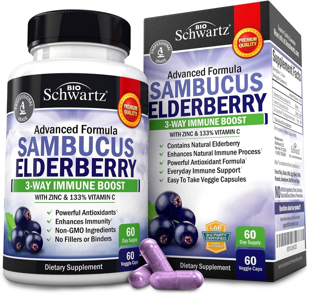 BioSchwartz Elderberry Capsules 60 Compte + Probiotique 40 Million CFU 60 Compte Bundle