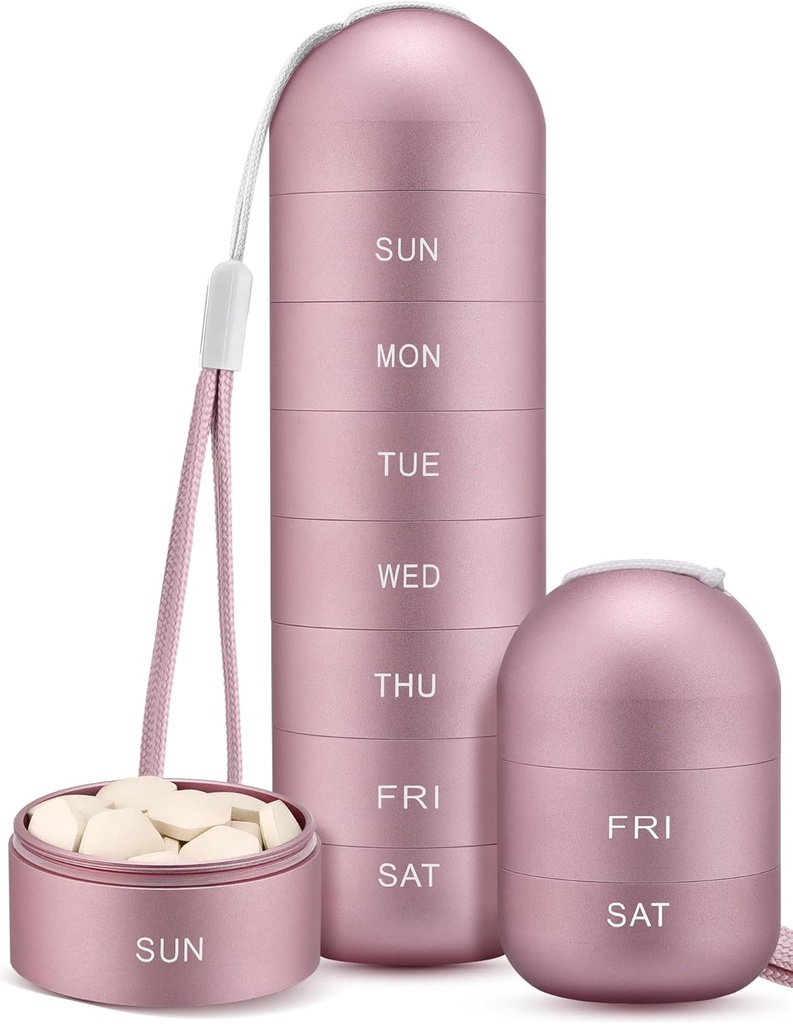 Zannaki Metal Moisture Proof Weekly Pill Organizer, Stackable Aluminium Alliage BPA Voyage libre Randonnée 7 jours Pill Box Case étanche et grand compartiment pour tenir les pilules, vitamines, huile de poisson, suppléments