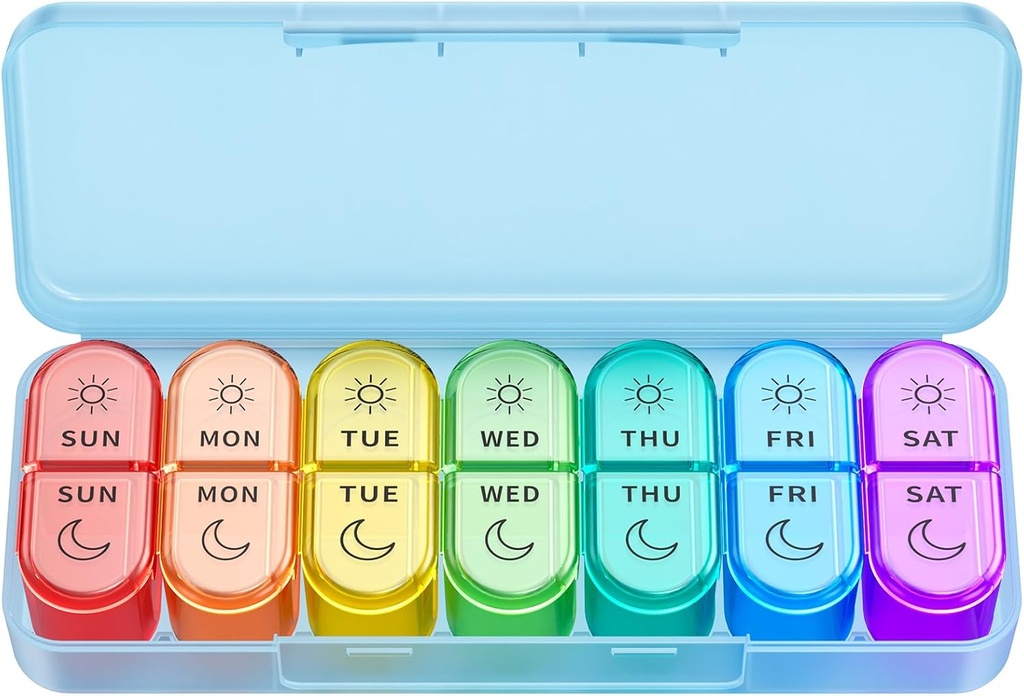 Organisateur de pilules hebdomadaires 2 fois par jour - AM PM Organisateur de pilules avec 7 petits cas de couleur quotidienne, des cas de pilules de voyage matin et nuit pour les vitamines, la médecine et les suppléments