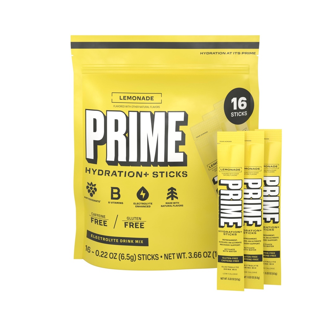 PRIME HYDRATION+ Sticks Lemonade | Polvere di idratazione Bastoncini di singola dose | Polvere di elettrolita sul Go | Basso zucchero | senza caffeina | Vegan | 16 Sticks