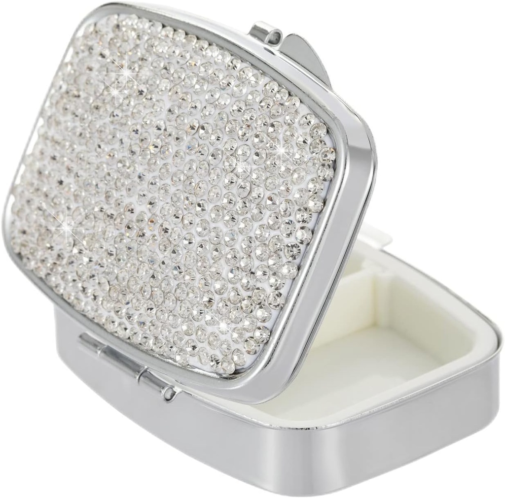 Pocket Pharmacy Bling 2 Compartment Medicine Organizer Small Cute Pill Container Travel Pill Box Case per Purse Square Vitamin Holder per Pocket(Silver)