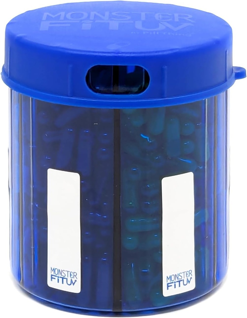 Supplemento Pill Dispenser Bottiglia, 6 Confronto, Etichette, Facile Aperto, Anti-Mixing, UV Protetto, Vitamina Mensile, Monster Fit Jr Medication Holder (Cobalt Blue, Small)