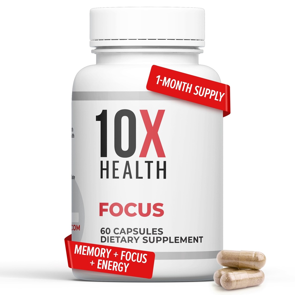 10X Health Focus Rhodiola Rosea - Integratori del cervello per la memoria e la messa a fuoco - 60 capsule Focus Supplement, Integratore di memoria per la salute del cervello con Ginkgo Biloba, Huperzine A - Ginkgo Biloba Capsule