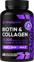 Suppléments de biotine et de collagène avec kératine 25000 mcg - Peau de cheveux et ongles Vitamines avec complexe de kératine B de collagène - Fabriqué aux États-Unis - Biotine pour la croissance des cheveux Femmes et hommes Support Peau et ongles, 60 Capsules