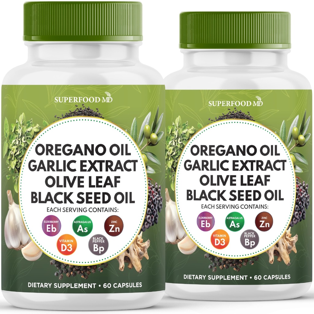 Huile d'origan, extrait d'ail, feuille d'olive, huile de graines noires, Astragalus-Immune Support et supplément de santé digestif pour les femmes et les hommes- 120 Compte