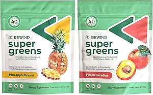 Rewind Super Greens Powder - Soutient l'énergie, l'immunité et la santé des gorgés - Plus de 40 superaliments - Delicious Powdered Greens - Ananas et pêche