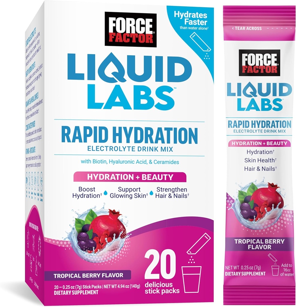 Force Factor Liquid Labs Beauté, Package d'hydratation pour cheveux, peau et ongles plus forts. Poudre d'électrolytes avec acide hyaluronique, biotine et céramides. Saveur de baies tropicales, 20 Stick Packs