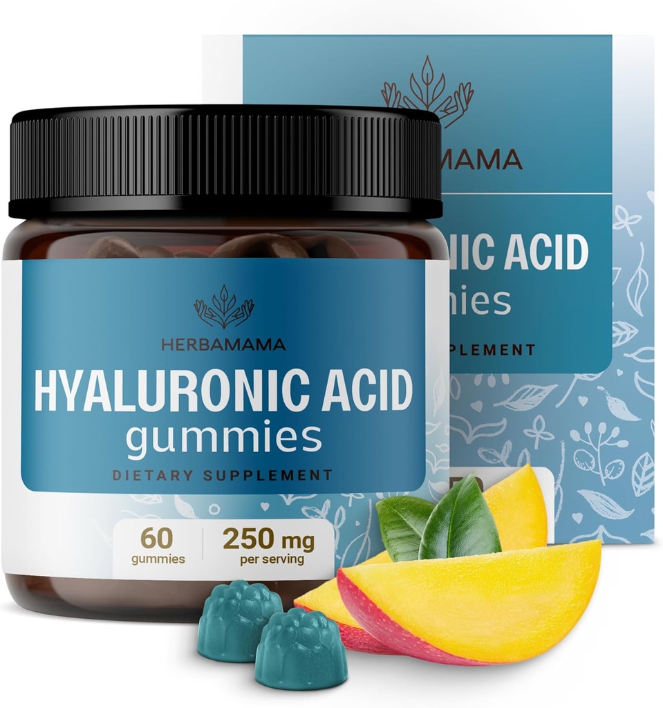 HERBAMAMA Hyaluronsäure-Gummien - 250mg reine Hyaluronsäure für Haare, Haut und Nägel Unterstützung - Vegan, Non-GMO Haut-Elastizitätsergänzung - 60 Pectin-Based Mango-Flavored Chews