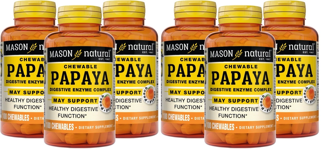 MASON NATURAL Papaya Complexe enzymatique digestif - Fonction digestive saine, favorise l'absorption des nutriments, l'arôme de pêche, 100 Chewables (paquet de 6)