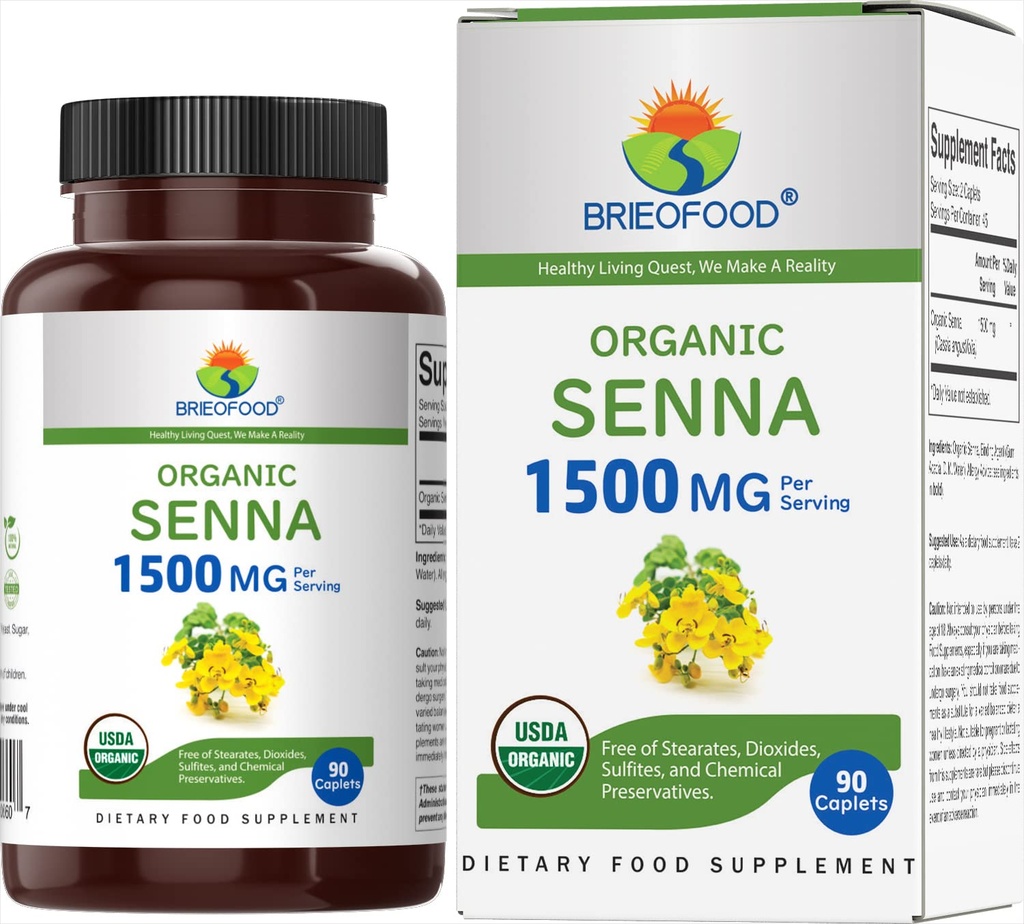 Brieofood Organic Senna 1500mg, 45 Servierungen, Vegetarisch, Glutenfrei, 90 vegetarische Tabletten