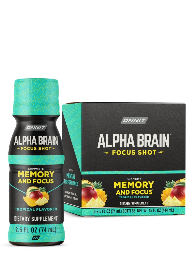 ONNIT Alpha Brain Focus Shot, Tropical Flavor, Nootropic Dietary Supplément boisson qui soutient l'énergie, la concentration et l'humeur, IGENTM non-OGM testé, 2,5 fl oz, 6 comte