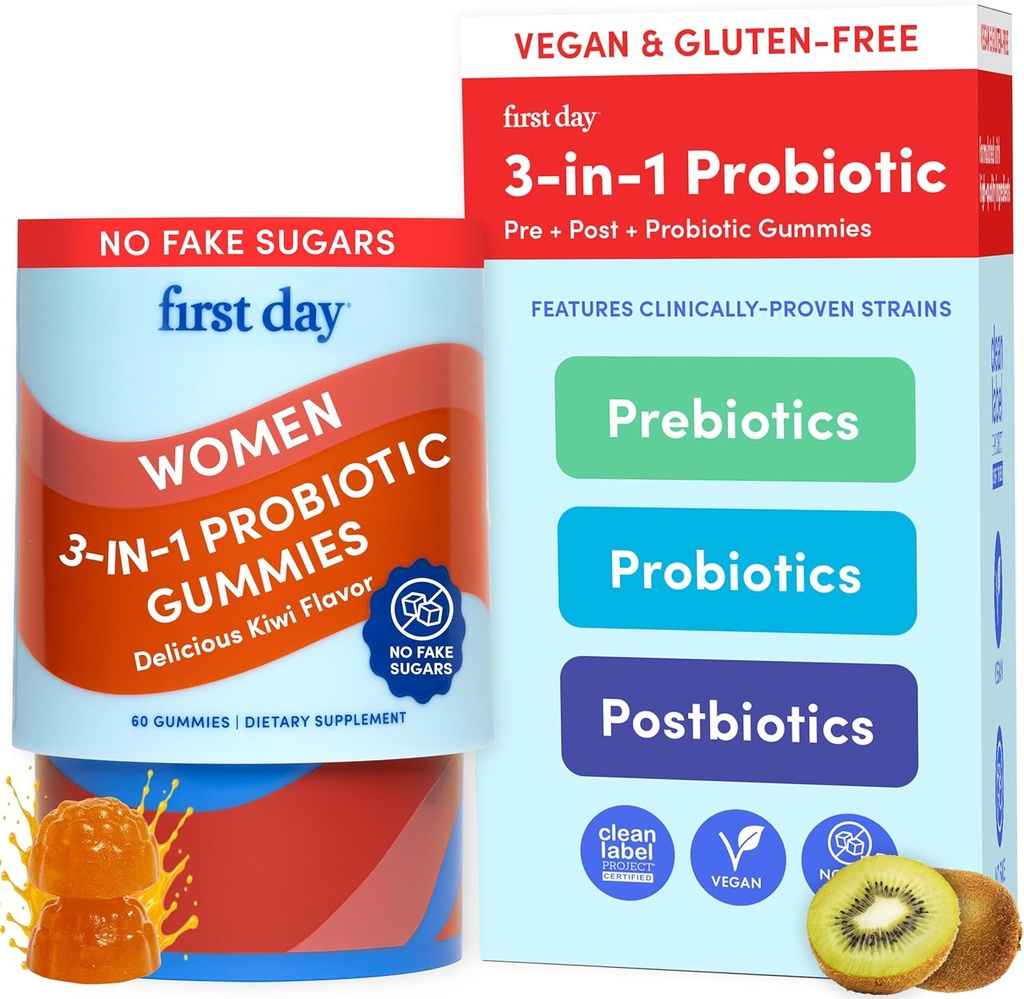 FIRST DAY Womens 3-in-1 Probiotic Gummis – Prebiotic + Probiotic + Postbiotic Supplement – Unterstützt Verdauungs- und Mundgesundheit, Immunfunktion und Energie – 30-tägige Versorgung