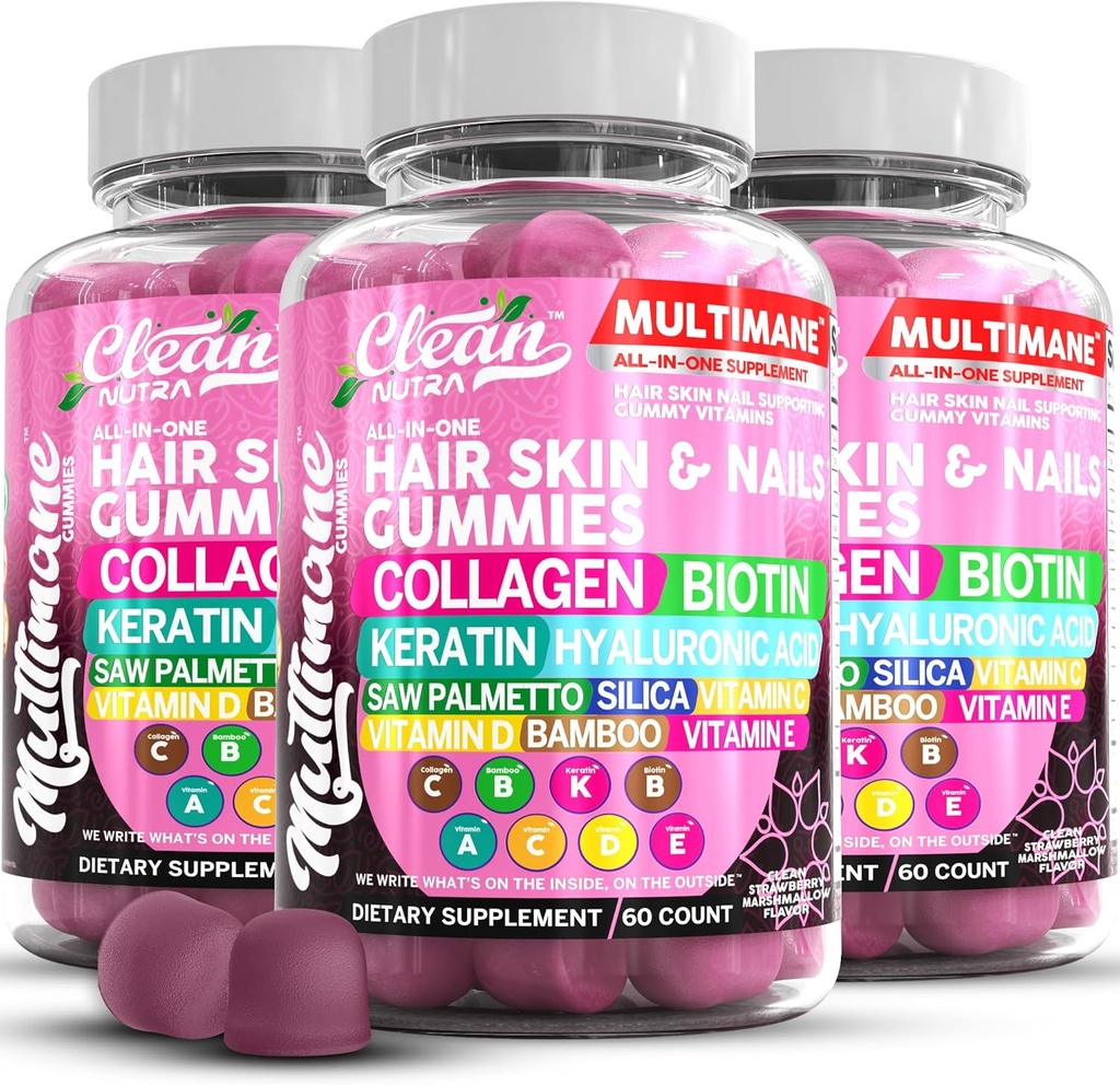 Gommies de collagène multimane avec biotine Keratin Acide hyaluronique Bamboo Vitamine A C Vitamine D Vitamine E Flate Saw Palmetto Silica B3 Vitamines Peau et ongles Gommies par Nutra propre