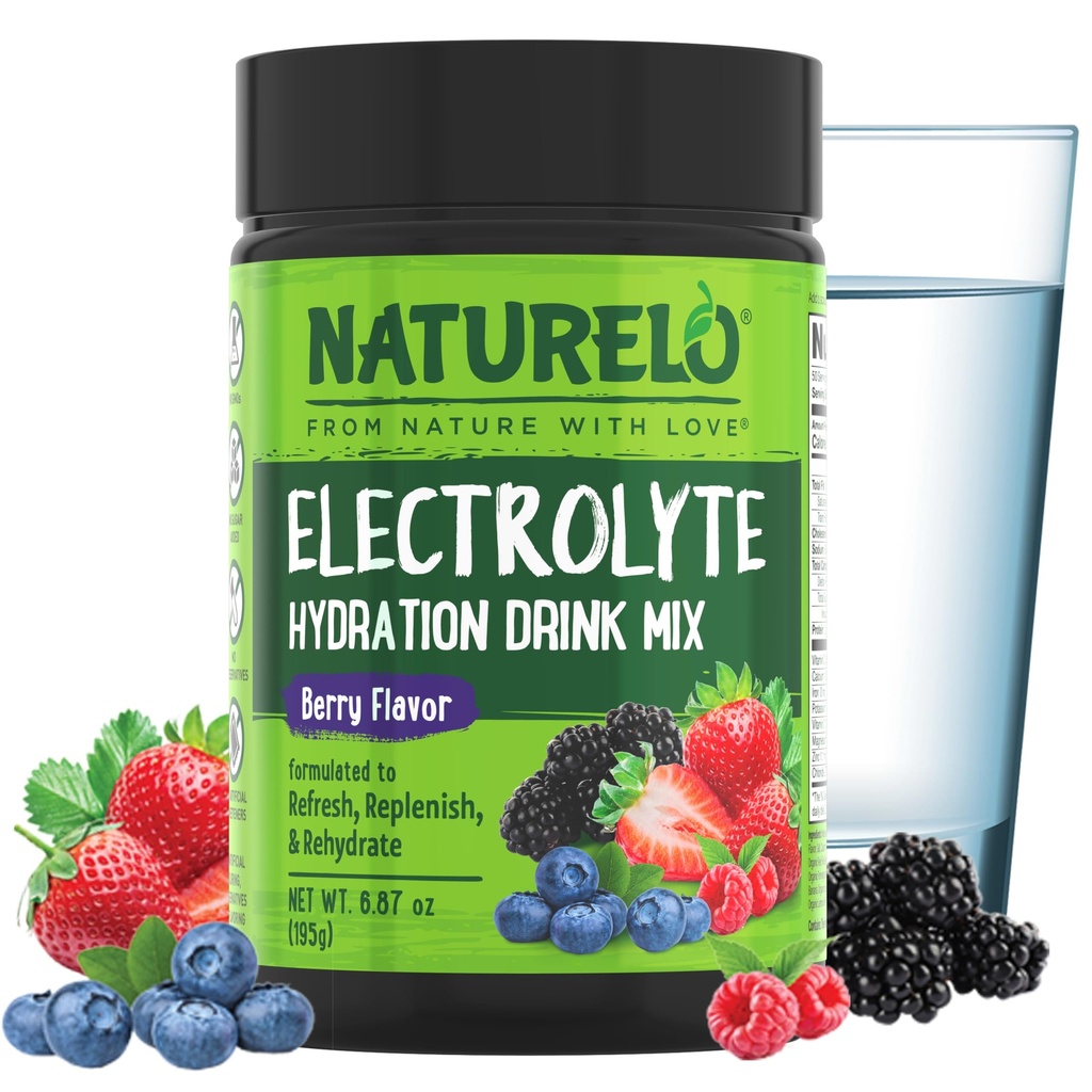 NATURELO Electrolyte Powder, Hydration and Mineral Drink Mix, Sugar Free & Non-GMO Berry Flavor 50 Serve