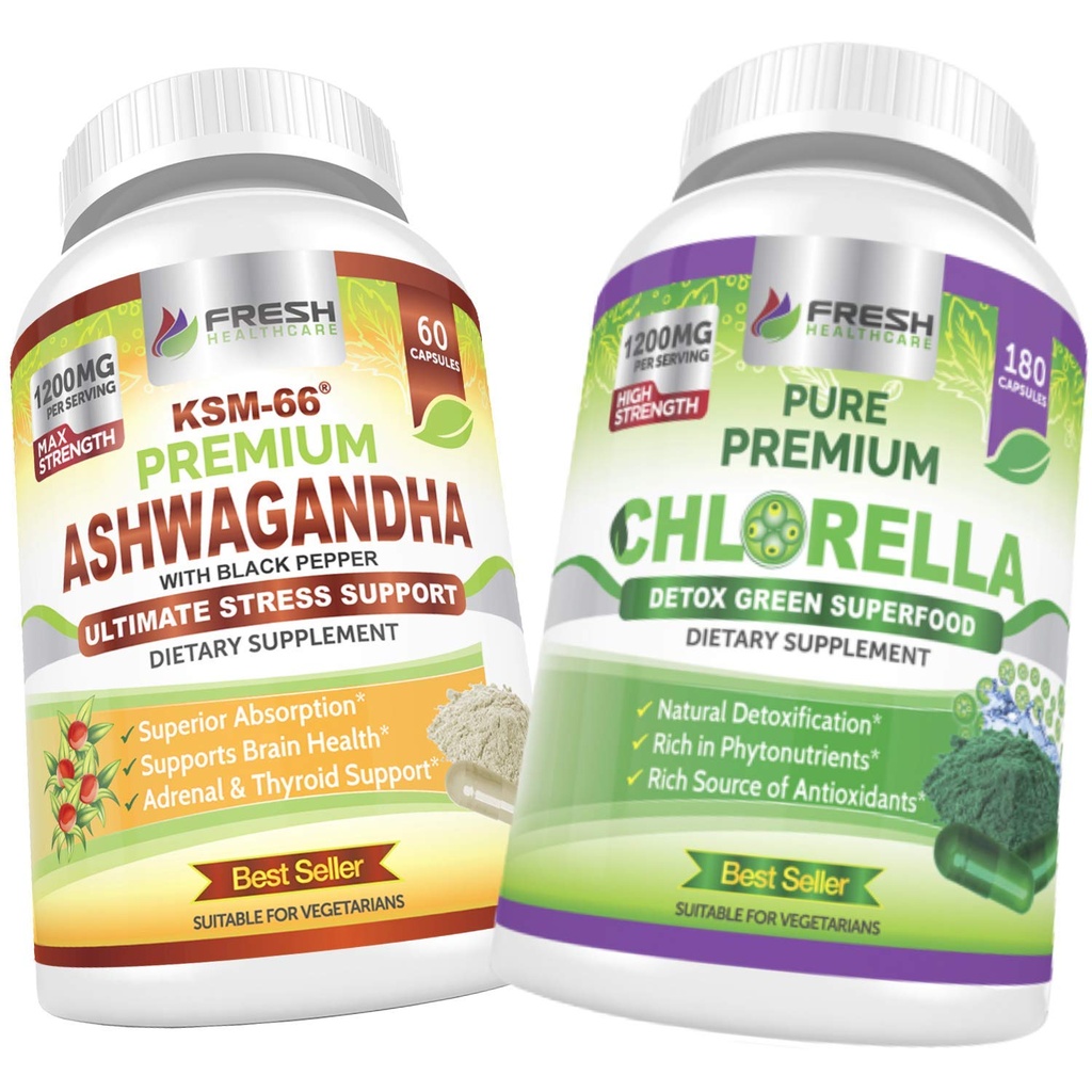 FRAIS DE SANTÉ Ashwagandha KSM 66 et Chlorella Detox Superfood - Bundle