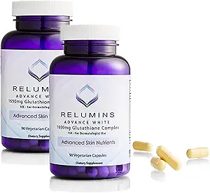 Pack de 2 Relumins Advance White 1650mg Complexe de glutathion - 15x Formule dermatologique avec des nutriments avancés de la peau - 2 bouteilles, 90 capsules chacune, 180 capsules totales