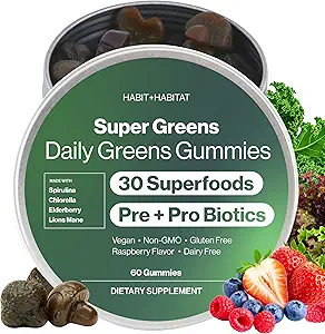 Daily Greens Plus Gummies - Superfood Blend mit Chlorella, Spirulina, Beetroot, Lion's Mane, Ashwagandha & Reishi für Energie, Stress Relief & Wellness - Raspberry Flavored - 60 Count