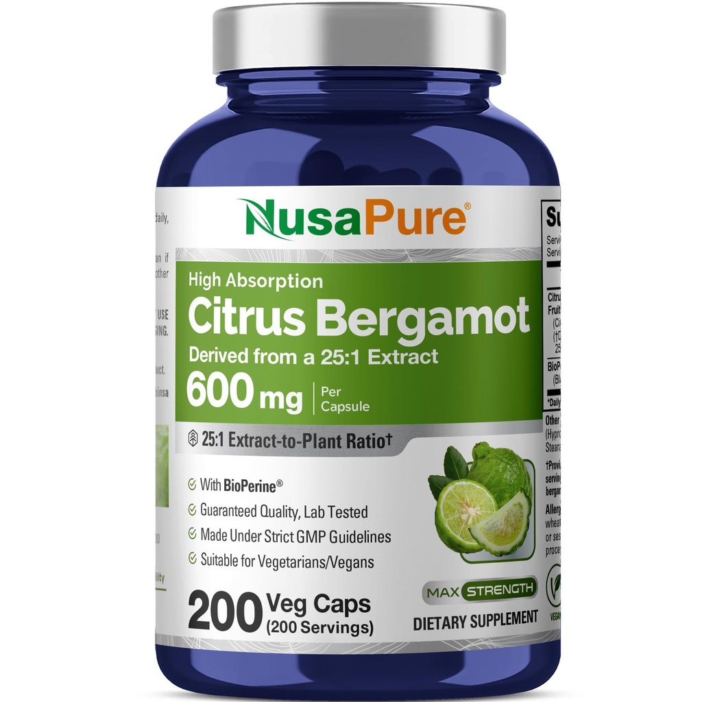 NusaPure Citrus Bergamotte Kapseln 15.000mg, 200 Kapseln - 25:1 Bergamotte Extrakt - 200 Servierungen, Bioperine, Vegan, Non-GMO
