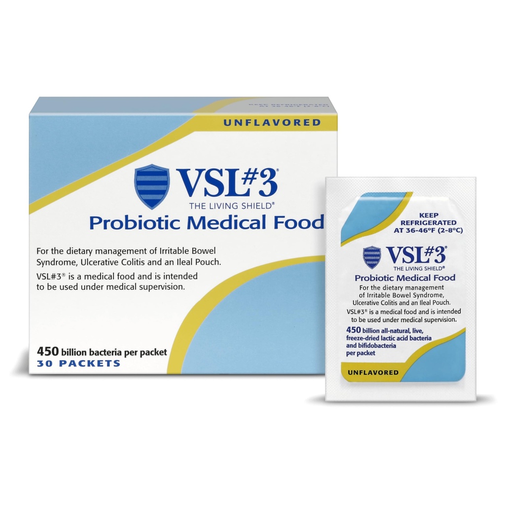 VSL #3® polvere probiotica per la salute digestiva, sintomi IBS & UC - 450B CFU, alta potenza, multi-straina, probiotico vivo, refrigerato, cibo medico per il supporto della salute del fegato negli uomini e nelle donne, 30 Pack
