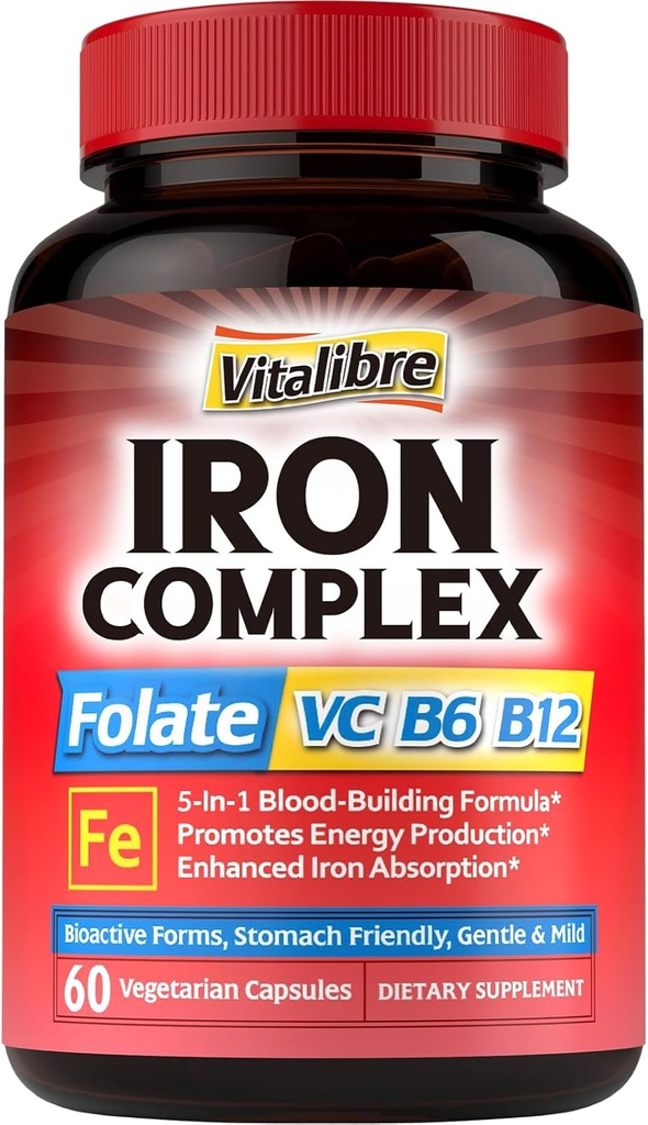 Supplément complexe en fer 60 capsules et 6 en 1 supplément complexe en magnésium 120 capsules, sans OGM, sans gluten