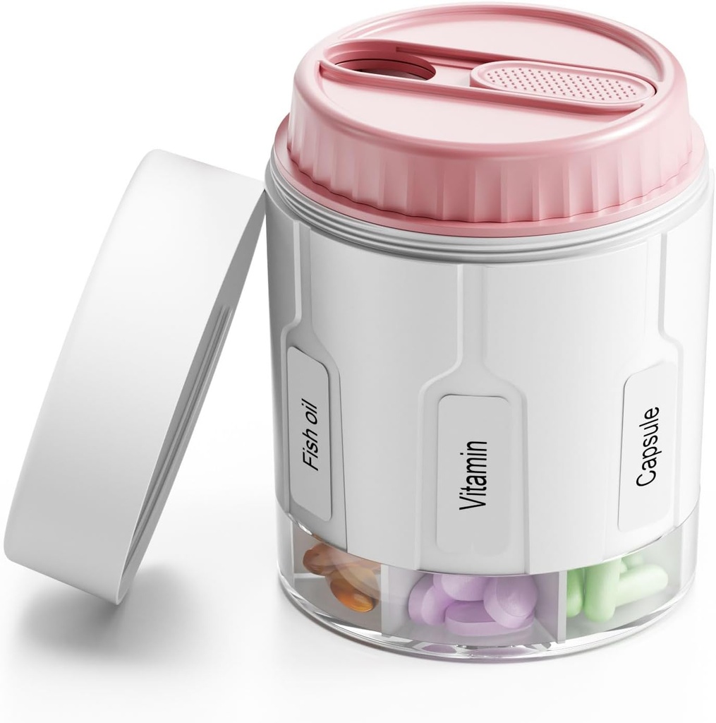 Daviky Pill Bottle Organizer, Ergänzung Organizer mit 7 großen Komponenten, Travel Pill Dispenser Runde Pille Box mit zwei Lids(Pink