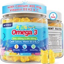 Kinder Omega 3 Gummi + Kalzium 400mg + Vitamin D3 K2 + C, Omega-3 DHA & EPA Supplement - Keine Fische Burps, kein Zucker - Kids & Teens Omḛga 3 + Multivitamin Gummy für starke Knochen, Gehirn, Immun, Auge, 60Cts