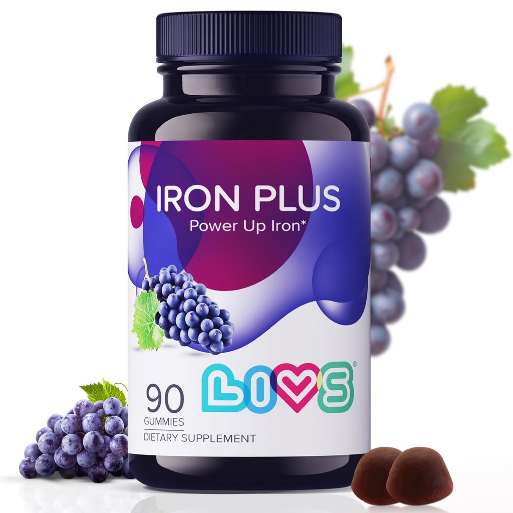 Supplément de fer LIVS pour les femmes et les hommes avec vitamine C, A, B3, B5, B6, B12, Biotine, Zinc et Folate.