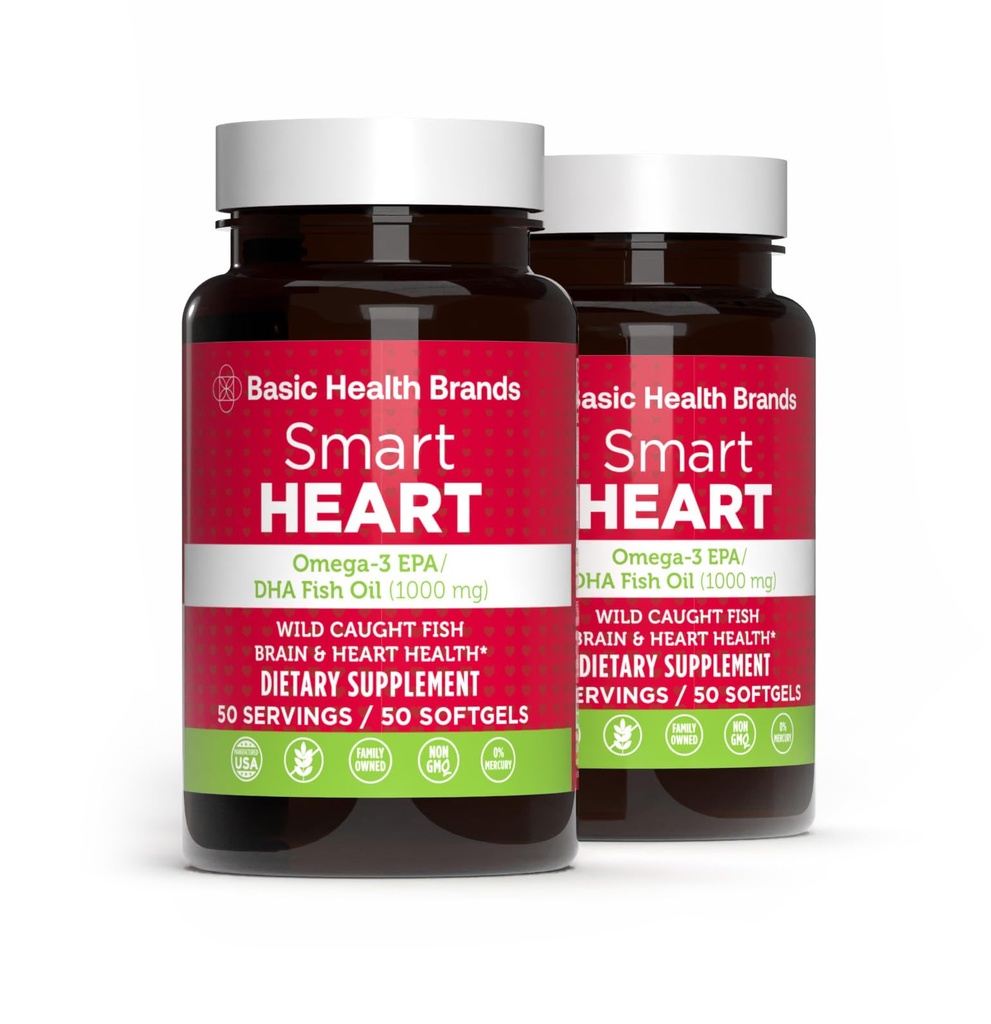 Marques de base Smart Heart Omega-3 Huile de poisson 1000mg - Triple Strength EPA & DHA, non-OGM, coeur et soutien cognitif - 50 Softgels sans Burpless - 2-Pack