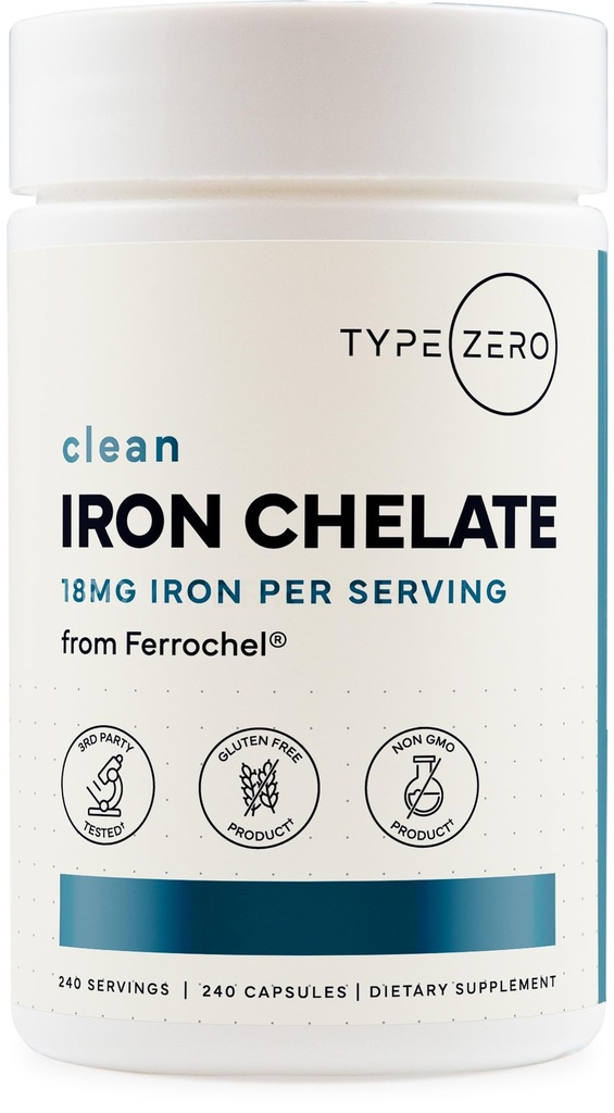 Typ Zero Iron Chelate Capsules (18 MG, 240 CAPS) von Ferrochel Ferrous Bisglycinate Chelate - Non-GMO und Gluten Free