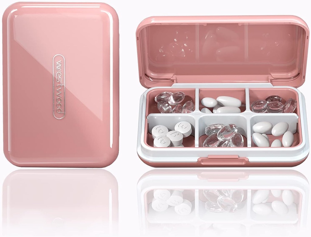 Reise Pille Organizer Feuchtigkeit wasserdicht kleine Pille Box für Taschen Geldbeutel 6 Komponenten Tragbare Pille Case Medizin Vitamin Holder Container, Pink