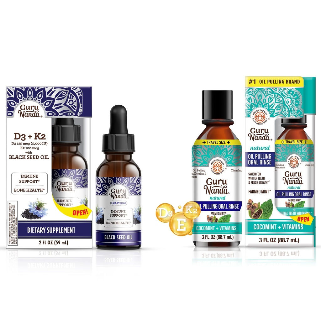 GuruNanda Black Seed Oil 5000 UI Vitamine D3, K2 & E + Huile de coco Tirant avec les huiles essentielles Vitamine D3, E, K2 pour le soutien immunitaire, hygiène bucco-dentaire