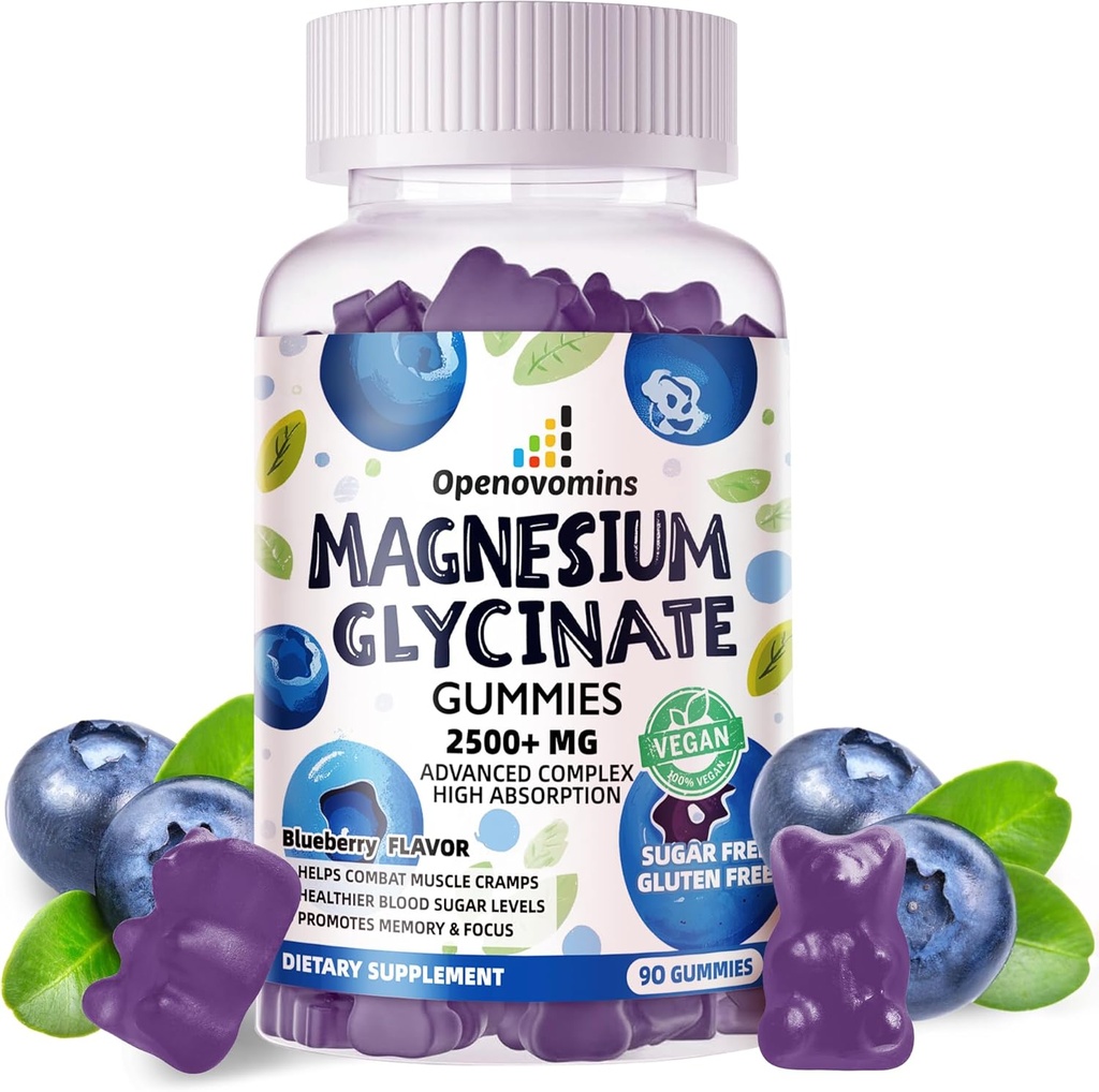 Magnesium Glycinate Gummies 2500mg - Zuckerfreie Magnesium Kalium-Ergänzung mit Vitamin D, B6, CoQ10 für ruhige Stimmung & Schlaf-Unterstützung - 90 Blueberry Gummies