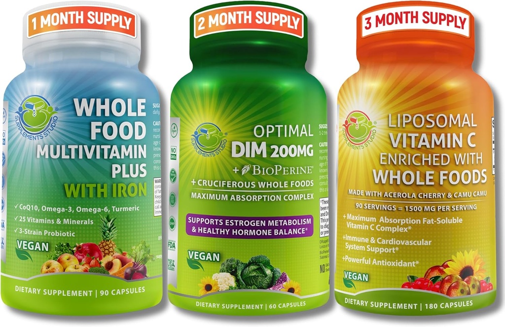 SUPPLEMENTARI STUDIO Supporto per l'equilibrio dell'ormone e la difesa immunitaria Bundle per gli uomini e le donne - Optimal DIM 200mg + Whole Food Multivitamin with Iron + Liposomal Vitamin C 1500mg – Vegan, Non-OGM