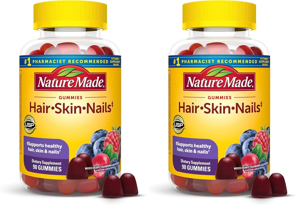 Pelle e chiodi per capelli naturali con Biotin 2500 mcg, Integratore alimentare per capelli sani, Supporto per pelli e unghie, 90 Gummies, 45 giorni di alimentazione (Pack of 2)