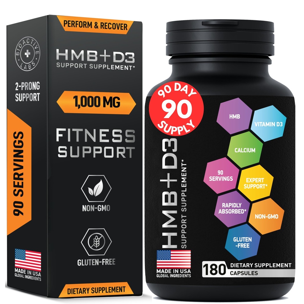 HMB Integratori con Vitamina D3 - 1.000mg Calcium Beta-Hydroxy Beta-Methylbutyrate per Serving per la crescita del muscolo, resistenza & recupero - 180 Gluten-Free, Non-OGM HMB capsule, 3-Month di alimentazione